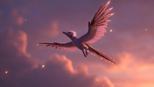 Majestic Feathered Dinosaur Soaring Against Purple Twilight Sky