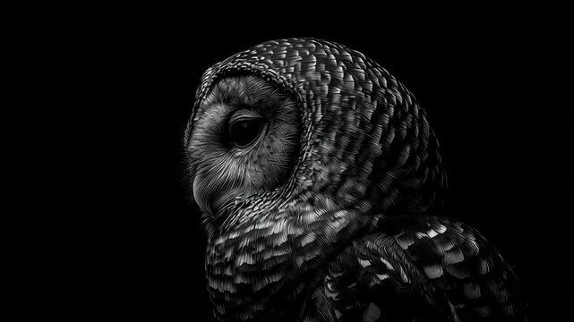 Engraved Black and White Owl Head Portrait on Dark Background