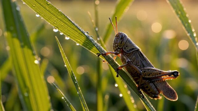 Morning Grasshopper Poses on a Blade of Green Grass Covered in Dew with Sunlight Shining Through