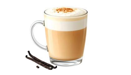 Latte-style drink in a clear mug, layered with foam, spice, and two vanilla bean pods
