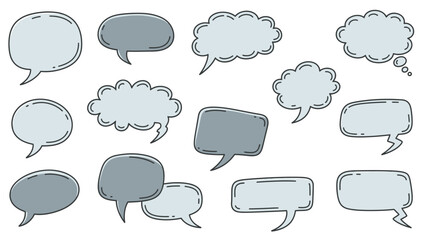 Fototapeta premium Set of Gray Cartoon Speech Bubbles and Thought Balloons, Communication Elements on Isolated White Background.