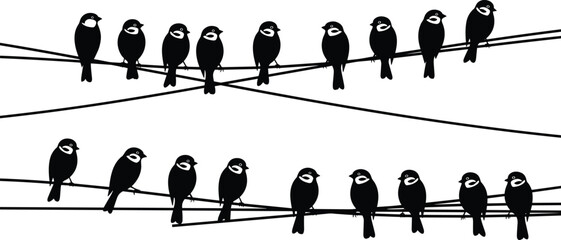 Small bird silhouettes perched on wires, flock arrangement in minimalist style, black avian wildlife vector illustration isolated on white background