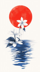 Lunar festival renewal hope vibrant symbol red sun reflection water serene floral art