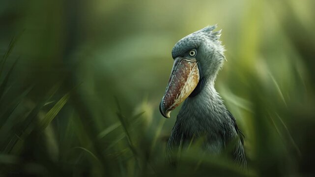 Stunning Portrait of Shoebill Stork Hidden Among Green Swamp Reeds