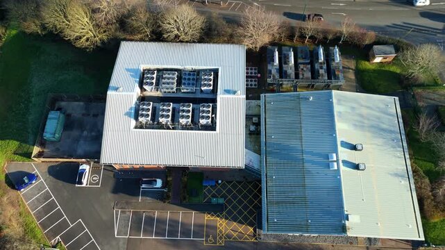 Aerial view of the Six Degrees data centre, capturing the building's architecture and surrounding landscape, Redditch, United Kingdom.