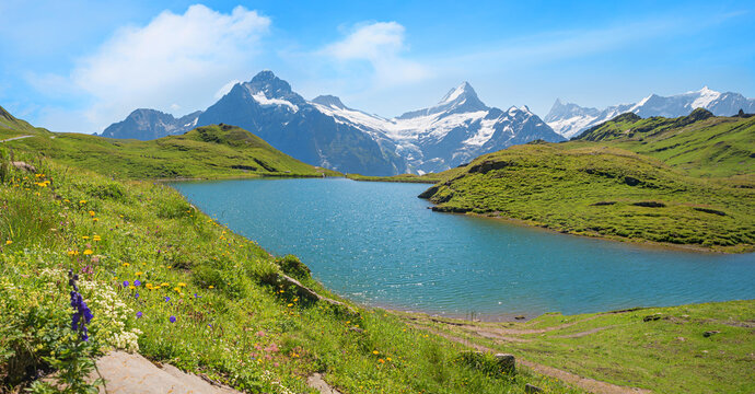 pictorial lake Bachalpsee and swiss glacier mountains, alpine landscape Grindelwald first, bernese oberland