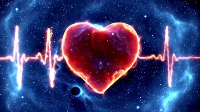 A vibrant video showcasing a glowing heart in space with an electrocardiogram rhythm on a starry night background