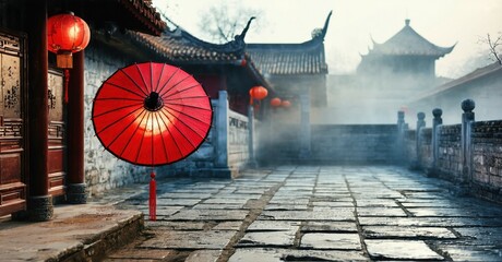 Ancient courtyard features red umbrella, lanterns, stone pathway. Buildings shrouded in mist create serene atmosphere. Traditional architecture visible.