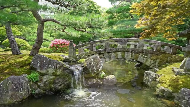 Tranquil garden scene stone arched bridge over a koi pond, calm, with lush, trees and mossy rocks