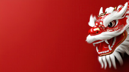 Dragon head red background lunar new year chinese festival celebration asian culture zodiac animal traditional decoration white fur fierce
