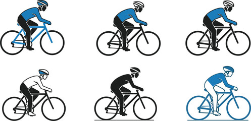 Naklejka premium Collection of cyclist icons in blue and black with varying poses Keywords: cyclist, cycling, bicycle, bike, rider, sport, race