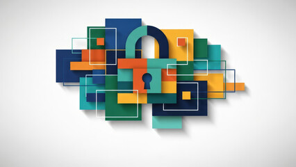 Modern poster for International Data Protection Day featuring abstract lock design and geometric shapes. Bright colors combine with digital elements to symbolize security and data protection.