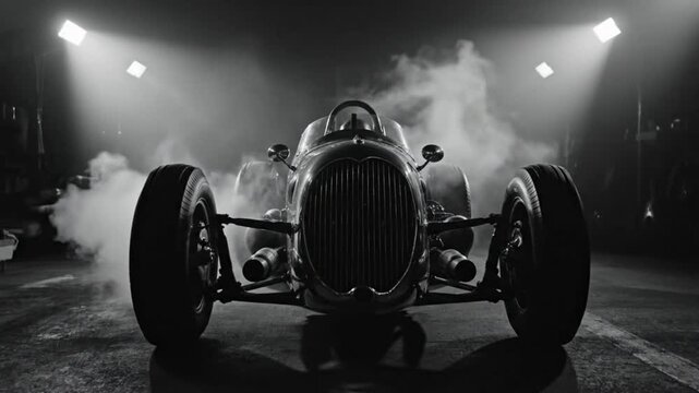 Epic Black and White Shot of a Vintage Race Car with Grille and Exhaust Amidst a Dark, Smoky Atmosphere