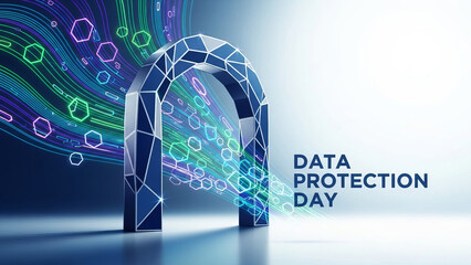 Modern poster design for International Data Protection Day featuring abstract arch with flowing colorful data streams. Data Protection Day concept emphasizes security in digital spaces,