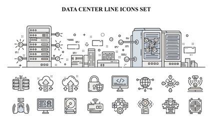 Collection of detailed line icons representing various essential data center infrastructure components and technology concepts for digital services