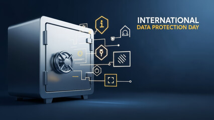 Modern safe with digital protection icons for International Data Protection Day, illustrating security and privacy on blue background,