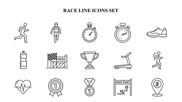 Collection of simple black line art icons depicting various elements related to running racing competition and fitness activities