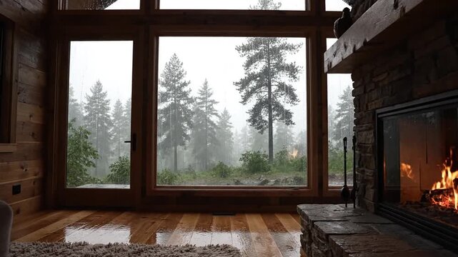 Cozy cabin interior with a stone fireplace, wooden walls, rug and a foggy forest beyond the windows!