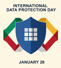 International Data Protection Day poster featuring a shield and colorful geometric shapes representing digital security on January 28.
