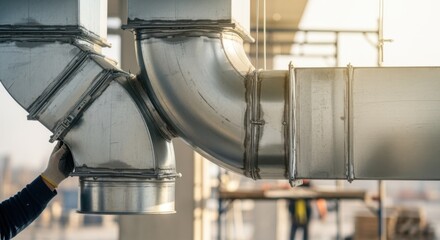Closeup of new HVAC system ductwork being fitted in commercial building retrofit aimed at boosting heating and cooling efficiency.