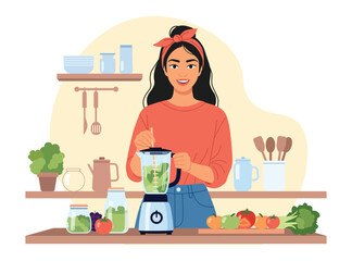 smiling woman with a headband makes a healthy green smoothie in a blender on a kitchen counter, surrounded by fresh fruits and vegetables.