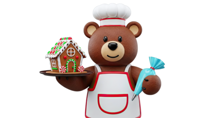 Bear chef with gingerbread house and icing bag