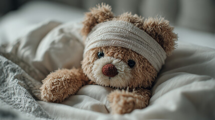 Sad teddy bear with bandage lying in bed symbolizing childhood illness recovery and care concept