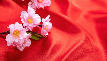 Bunch of pink flowers on red satin fabric background with for text.