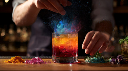 Bartender preparing colorful cocktail with vibrant layers, using colorful powders and ice, showcasing mixology skills and creativity in a lively bar atmosphere