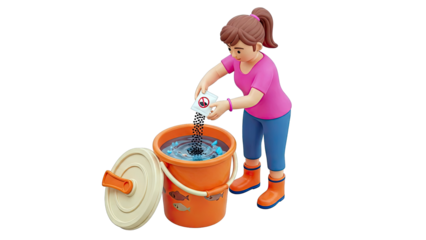 Cartoon Girl Adding Pellets to Bucket of Water with Fish