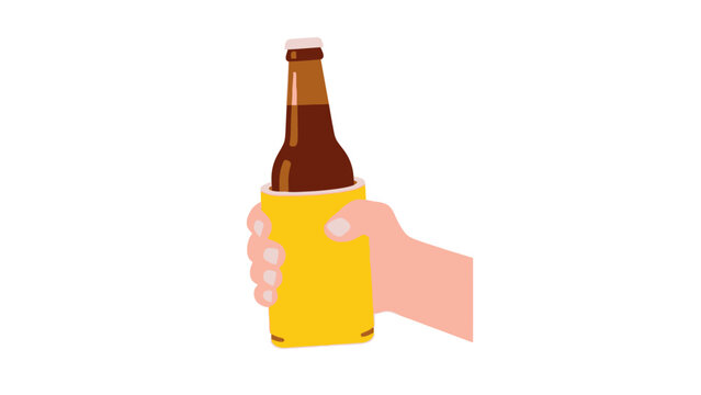 Hand Holding Beer Bottle with Yellow Stubby Holder, Australia Day Party Drink and Summer BBQ Celebration Vector