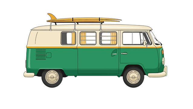 Vintage Green Hippie Van with Wooden Surfboards, Classic Camper Bus for Summer Beach Trip and Surfing Lifestyle Vector