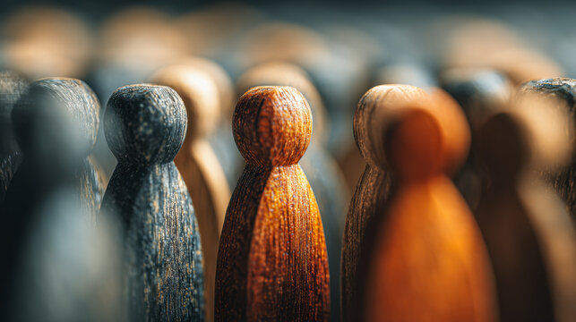 Wooden figurines standing in rows with one highlighted in the center symbolizing individuality and leadership among a crowd of similar shapes and muted colors
