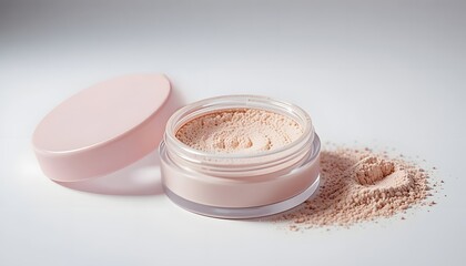 Loose pink powder in clear jar with open pink lid on white background