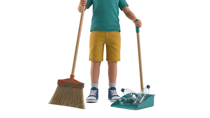 Child cleaning up plastic bottles with broom and dustpan