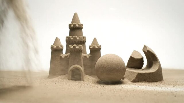 Sand castle destroyed by a sudden gust of wind showing destruction of sand structures on bright background