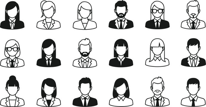 Diverse group of business people avatars in outline and silhouette icons vector illustration