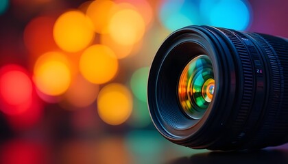 Close-up of a professional camera lens with colorful bokeh lights