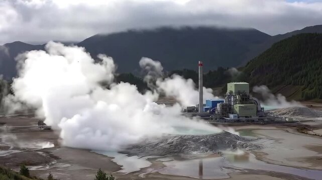 Industrial Geothermal Power Plant Emitting Massive White Steam Clouds in Mountainous Landscape for Sustainable Energy Generation