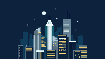 Peaceful Night Cityscape with Tall Buildings and Bright Moon