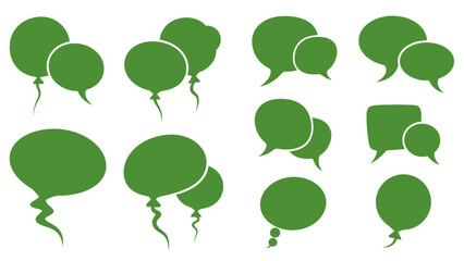 Set of various green speech bubbles with dynamic tails and chat balloons on an isolated white background.