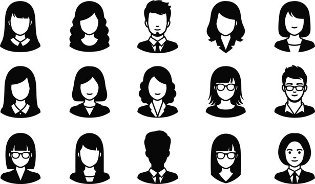Diverse Set of Black Silhouette Icons Representing People's Headshots portrait