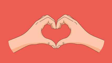 Human hands forming a heart shape, expressing love and affection on a bright red studio background.