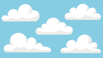 Simple cartoon clouds floating in a clear blue sky, bright and sunny outdoor background.