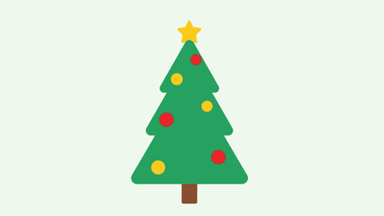 Decorated green Christmas tree with yellow star and colorful ornaments, festive holiday celebration in a bright studio.