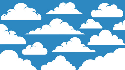 Cartoon clouds floating in a blue sky, bright and peaceful outdoor background.