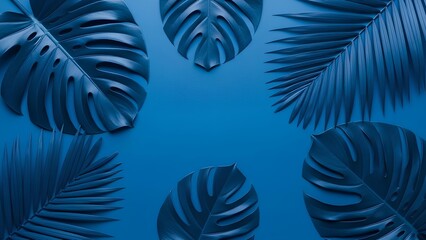 Tropical leaves arranged in a circular pattern on a blue background viewed from above