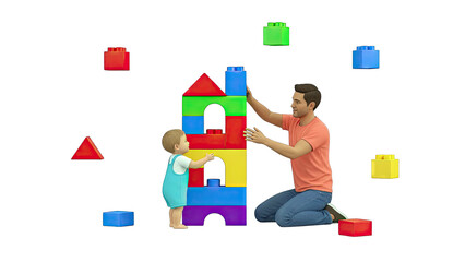 Father and child building with colorful toy blocks