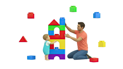 Father and child building with colorful toy blocks