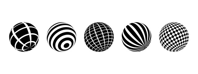Set of striped and checkered ball shapes. 3D spherical shape models. Spheres with black and white stripes and checkers isolated on white background. Globe figures in perspective. Vector illustration